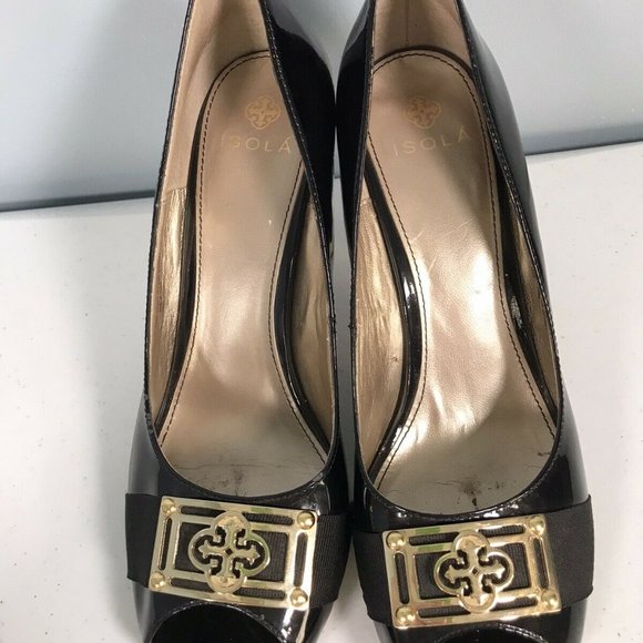 ISOLA Women's Peep Toe Black Patent Leather 3.5" Heels Size 10 Black Gold Trim - Picture 5 of 12